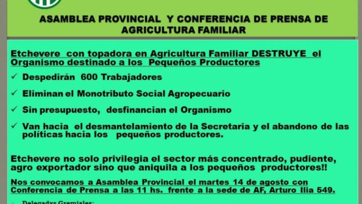 Anunciaron paro nacional en todas las delegaciones de la Secretaría de Agricultura Familiar del país