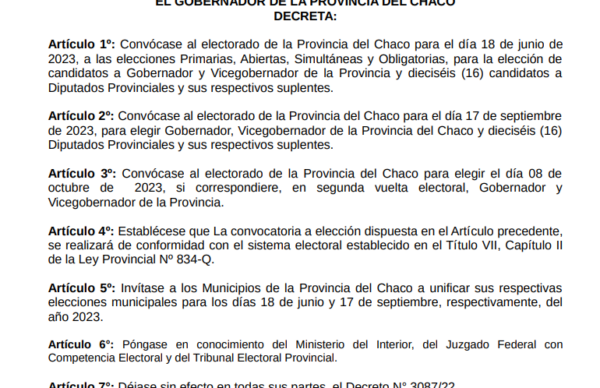 Chaco tendrá PASO el 18 de junio, generales el 17 de setiembre y, una eventual segunda vuelta, el 8 de octubre 1