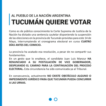 Suspensión de elecciones: el PJ de Tucumán pidió a la Corte que levante la medida “de inmediato”