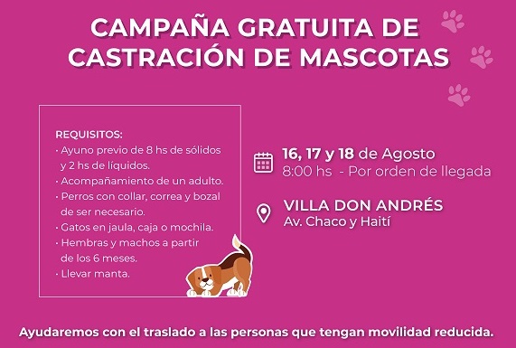 Este miércoles, llega a villa Don Andrés, el programa de Castración de Mascotas de Resistencia