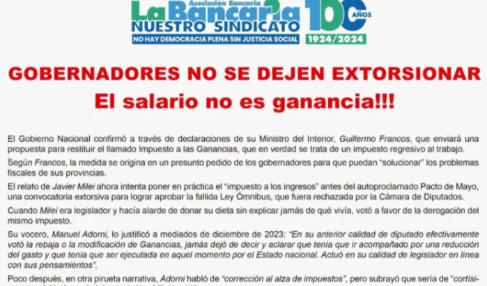 Ganancias: la Bancaria pide a gobernadores que “no se dejen extorsionar”